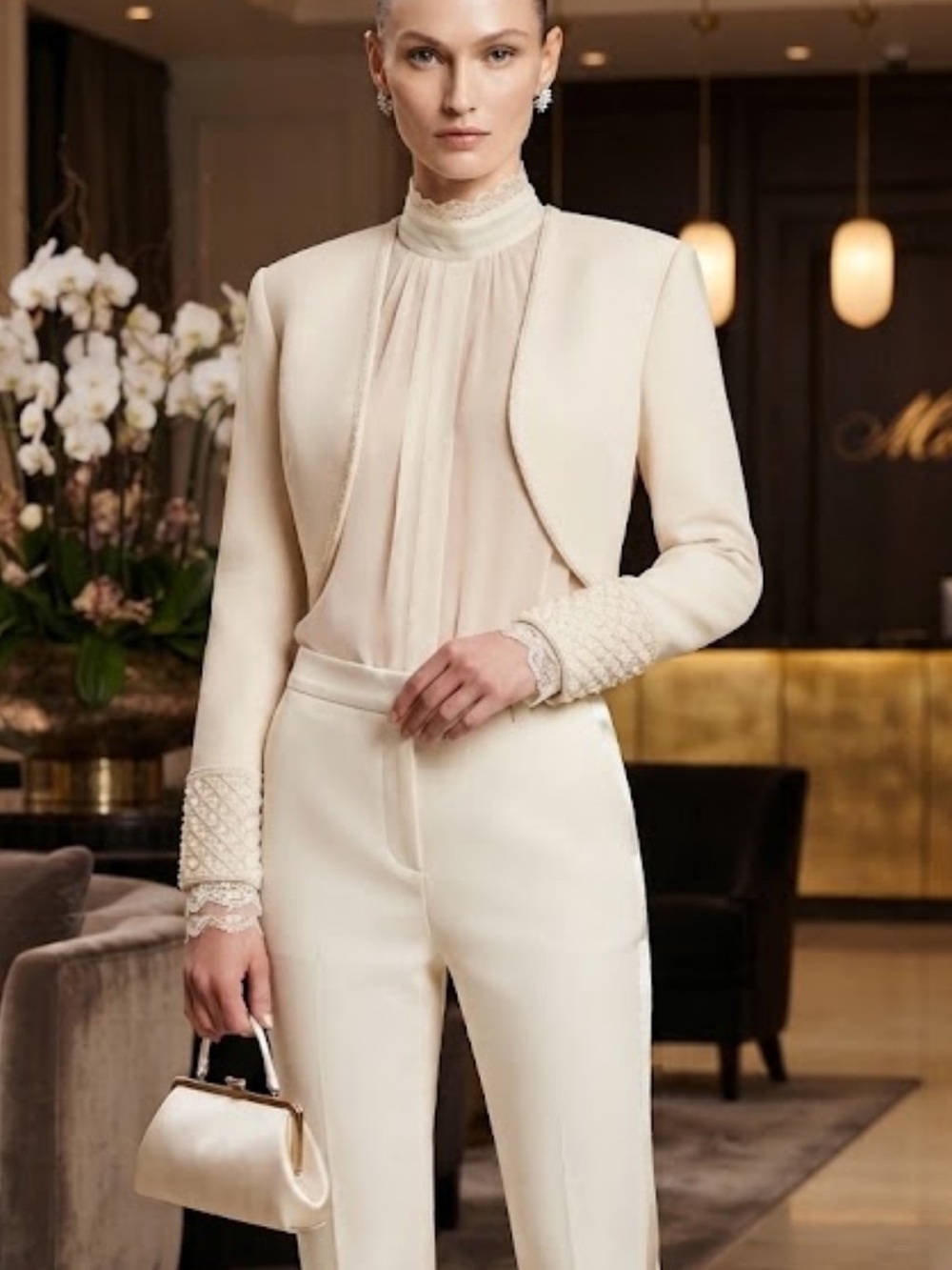 Vintage Oleg Cassini Cream Satin Bolero Shrug Jacket with Beaded Cuffs